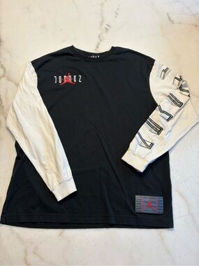 Jordan Black Long Sleeve Tee with White Contrast Sleeves and Red Logo